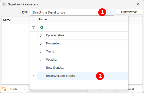 Start Import/Export from Signals selection Start Import/Export from Signals selection